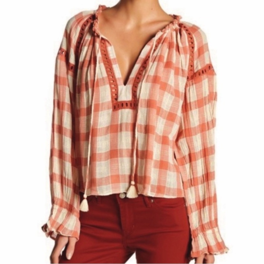 NWT FREE PEOPLE Honey Grove Plaid Ruffle Detail Long Sleeve Top Size Small